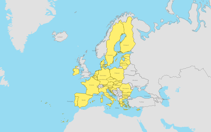 Löndin sem eru gul að lit eru í ESB, hin ekki. Löndin sem eru gul að lit eru í ESB, hin ekki.